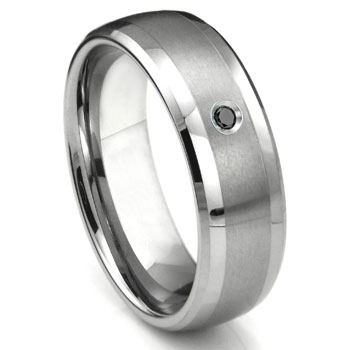 Black Diamond Mens Wedding Band, Tungsten Ring with Brushed Center outlets and Shiny Beveled Edge with Black Diamond on a Bezel Set,