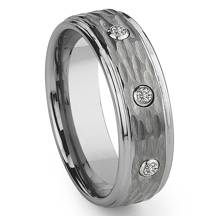 Tungsten Carbide Diamond Hammer Finish Wedding Band Ring