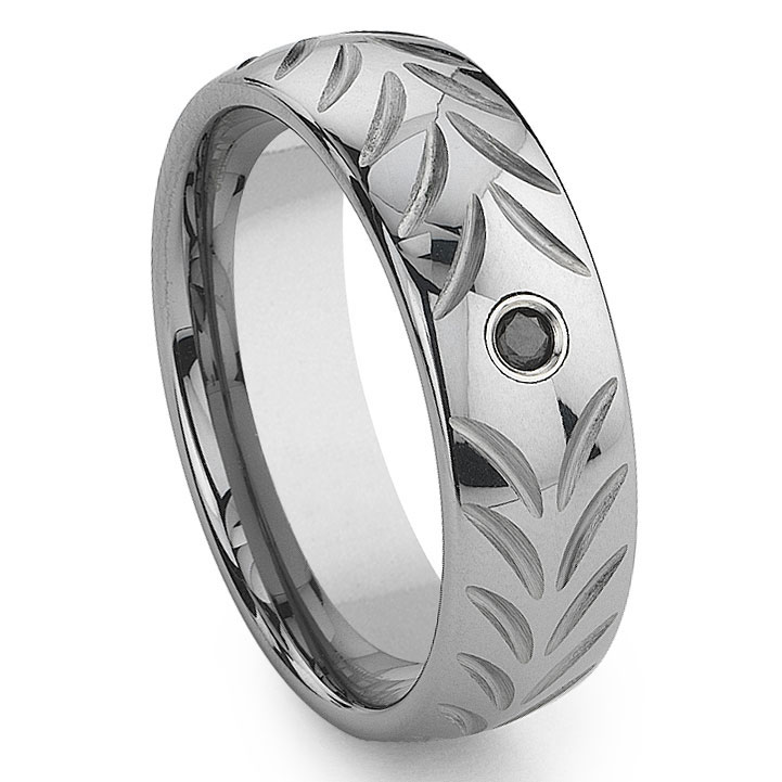 Tungsten Carbide Chevron Black Diamond Wedding Band Ring