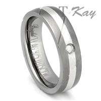 Titanium Silver Inlay Diamond Ring w/ Diagonal Grooves