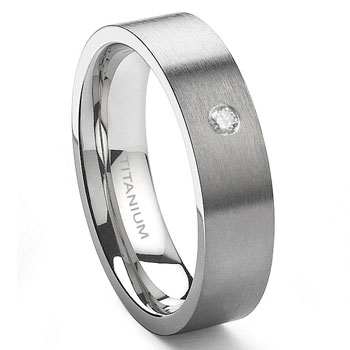 Titanium 6mm Solitaire Diamond Brush Finish Flat Wedding Band Ring