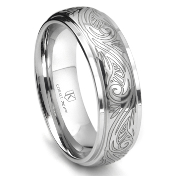 Cobalt XF Chrome 8MM Laser Engraved Paisley Motif Dome Wedding Band Ring