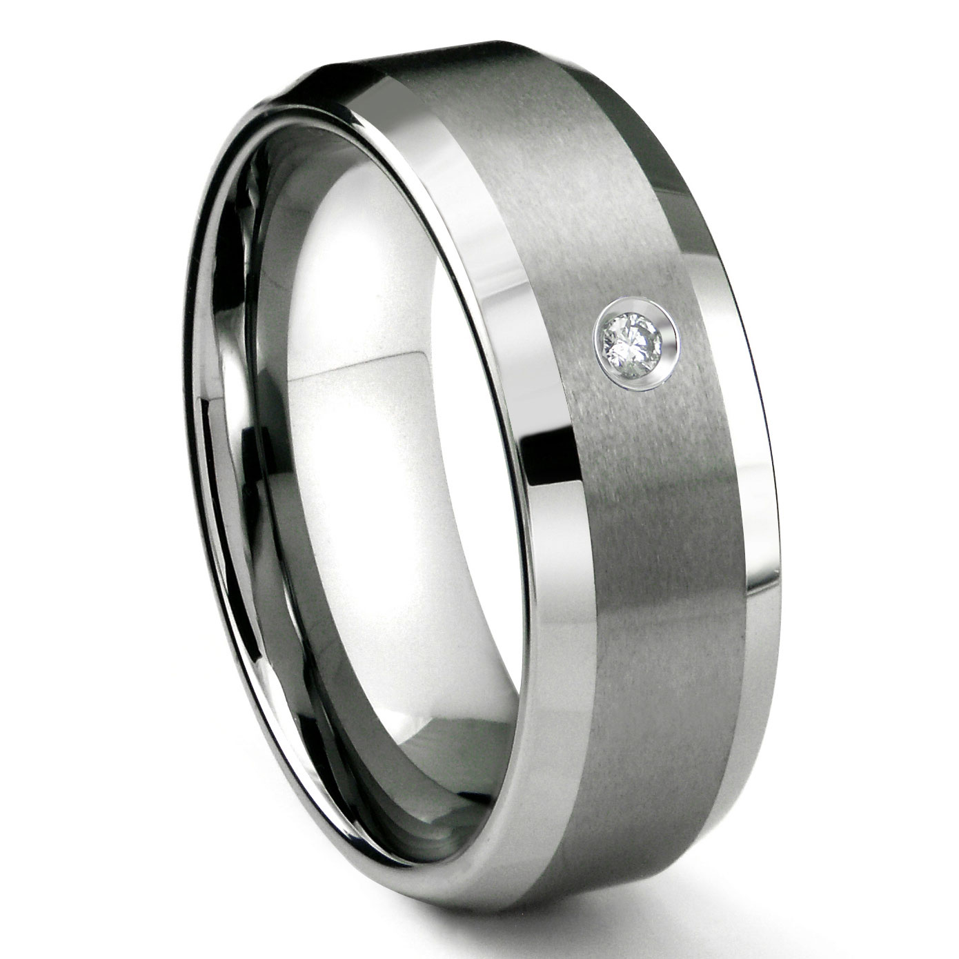 Tungsten Carbide 8MM Satin Finish Beveled Diamond Solitaire Wedding Ba ...
